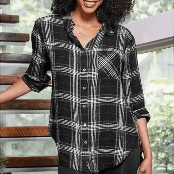 Good Hart Black and White Plaid Button Down Tunic Shirt Size Small - Picture 2 of 9